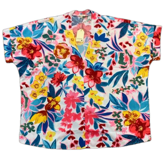 JODIFL Tops - JODIFL Vibrant Pink Floral V-Neck Short Sleeve Oversized Flowy Top - SMALL - NWT